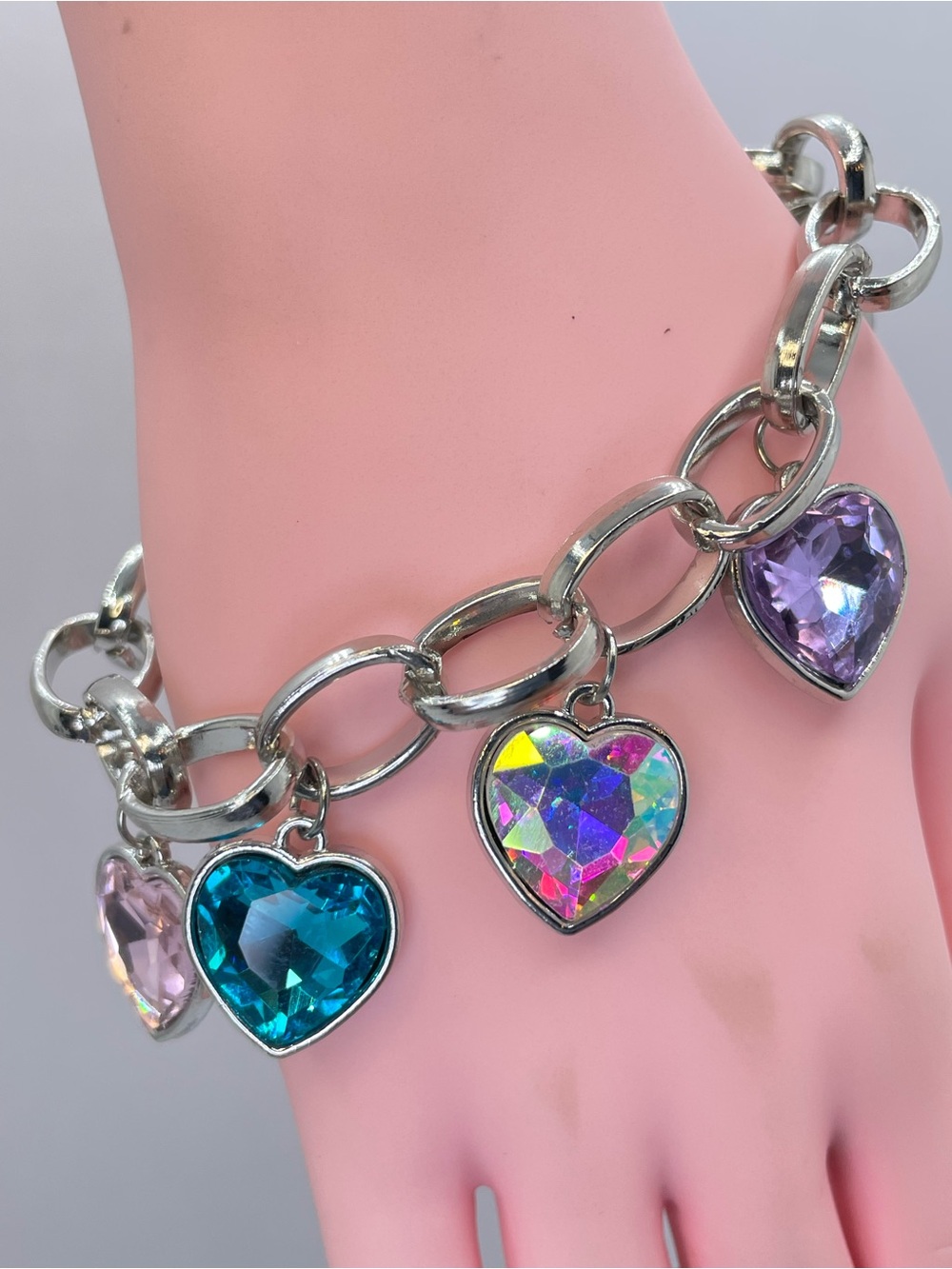 Silver Multicolor Crystal Heart Charm Link Bracelet Statement